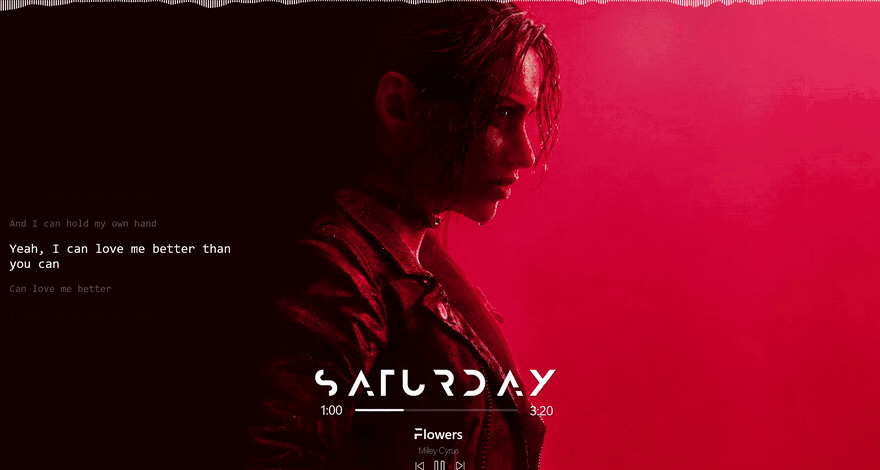 A desktop while a song plays: a spectrum moving along the top edge, lyrics on the left lighting up line by line, and the day, a progress bar, the track title and playback buttons at the bottom